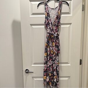 Loveappella Floral Faux Wrap Dress in Pink, White, and Yellow